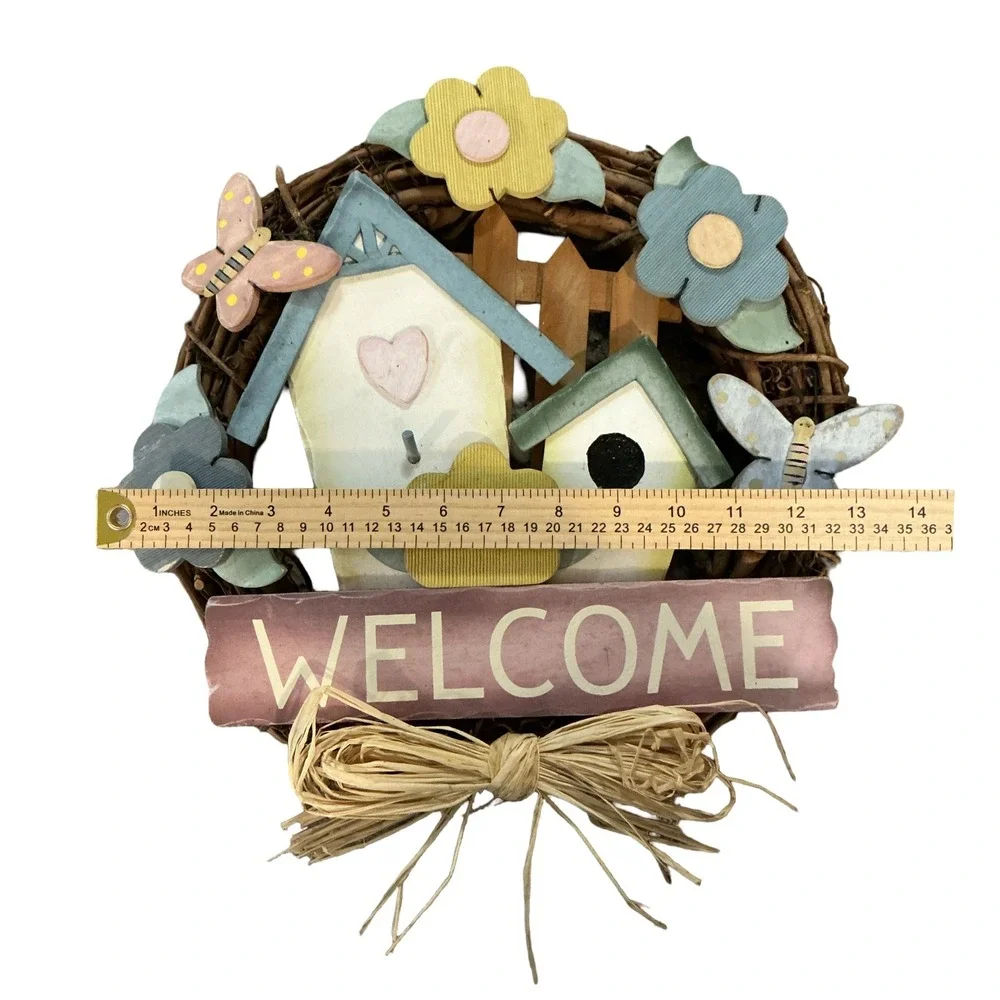 Vintage Grapevine Wreath Welcome Sign Birdhouse Butterfly Flower Rustic 13x13